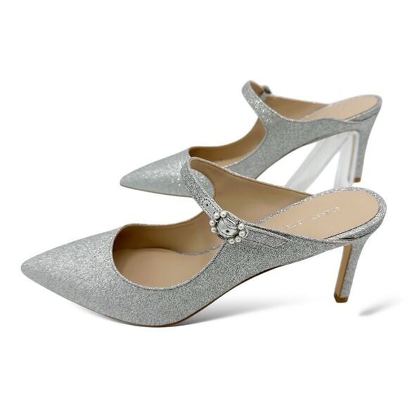 NEW‎ Stuart Weitzman Silver Shimmery Mule Heels Pearl Buckle Accent Size 9.5 - Picture 2 of 12